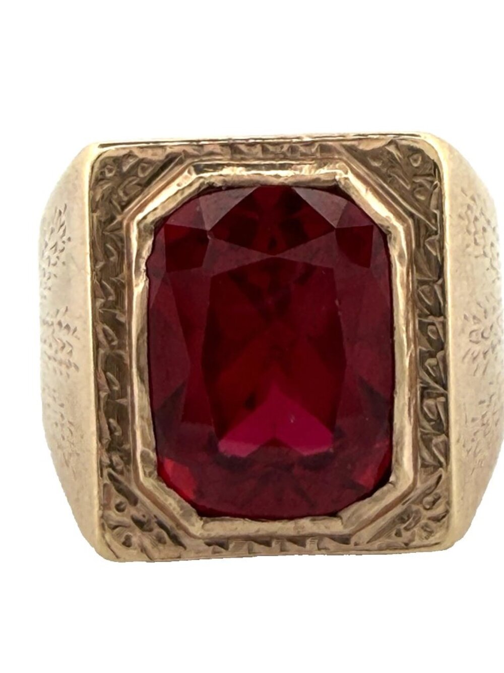 Vintage Men’s 14K Rose Gold Lab Created Rectangle Ruby Signet Ring Heavy 25.95g